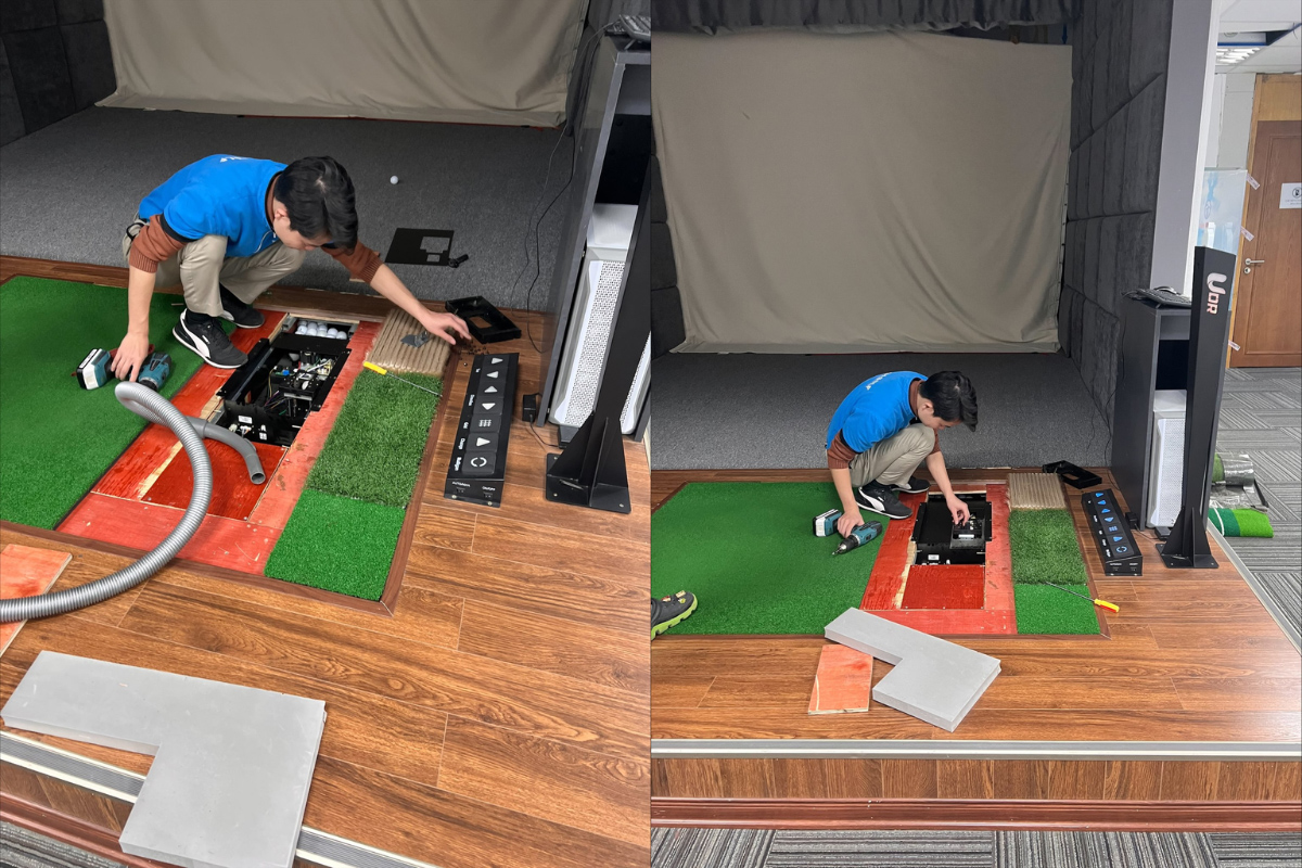 Chuyên viên kỹ thuật vệ sinh auto-tee cho phòng golf 3D của chị Nguyệt